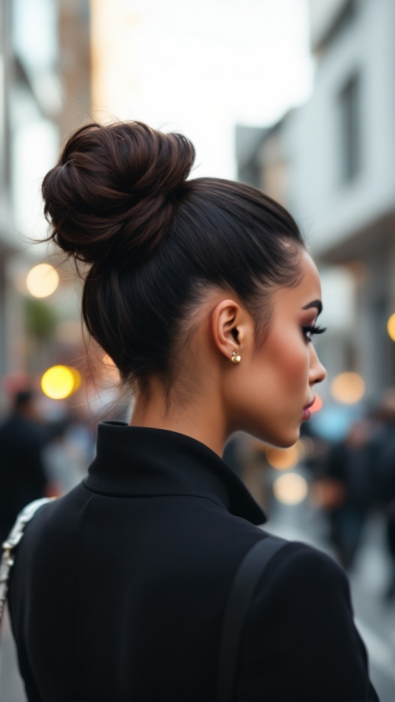 A woman with a sleek high bun hairstyle, showcasing modern elegance in a city setting.