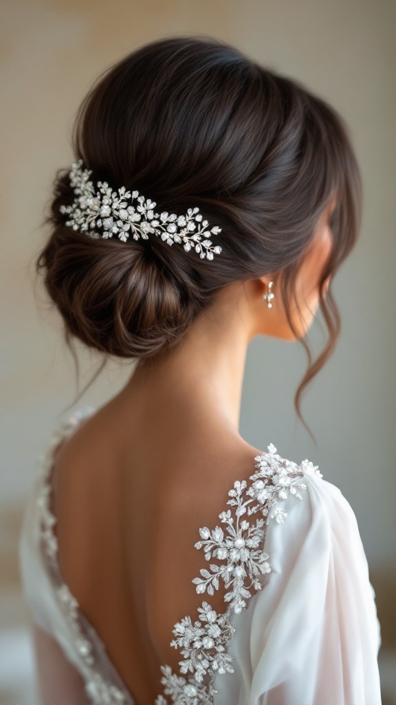 A sleek high bun hairstyle with a statement hairpiece, perfect for bridesmaids.
