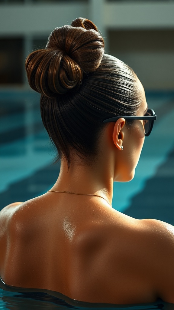 A swimmer with a sleek high bun and goggles, ready for a swimming session.