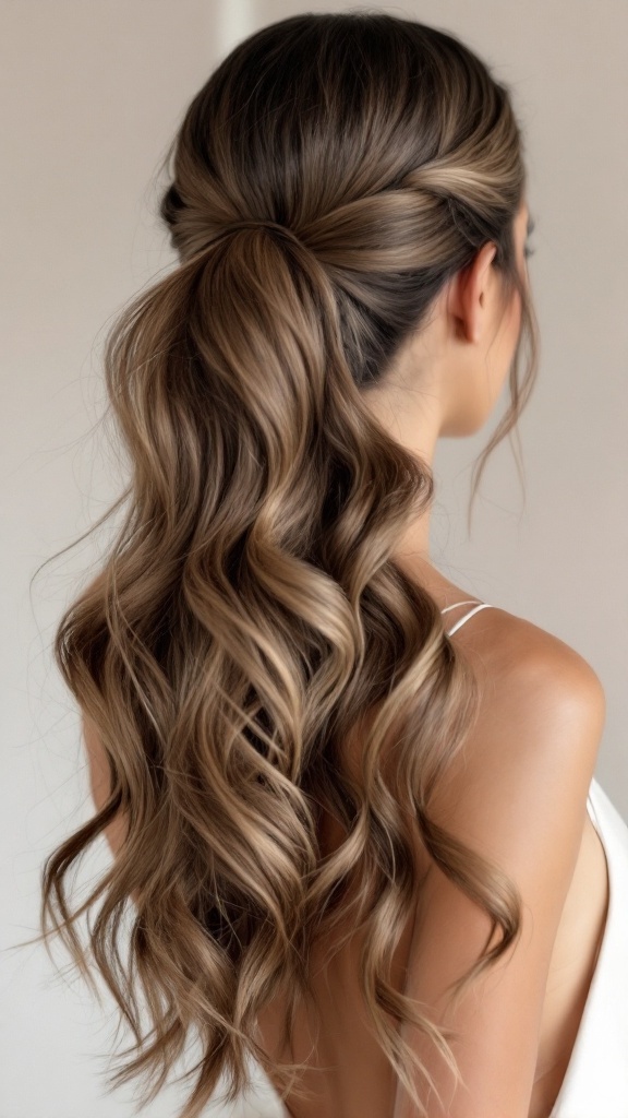 A stylish high ponytail hairstyle, showcasing smooth and wavy long hair, suitable for a wedding guest.