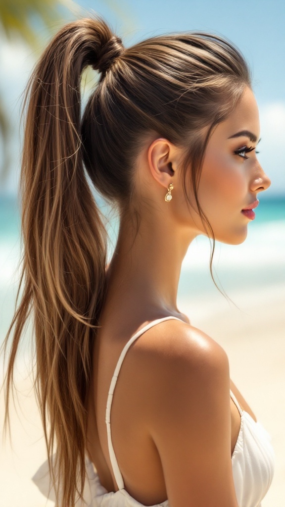 A woman with long, sleek hair styled in a high ponytail at the beach