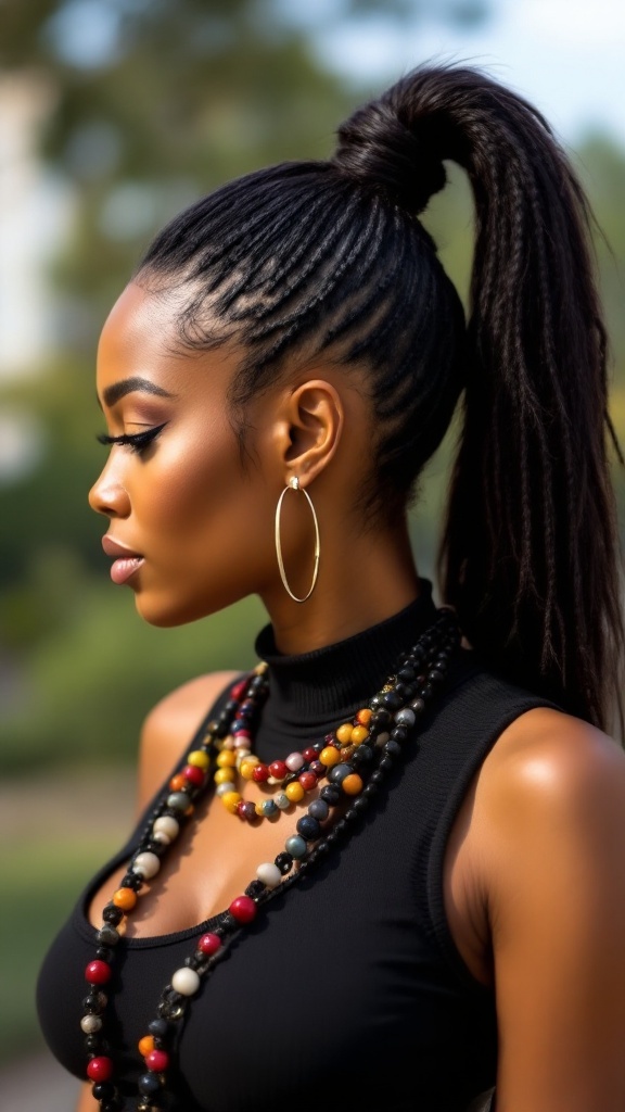 A woman with a sleek high ponytail, showcasing her braided hair and stylish accessories.