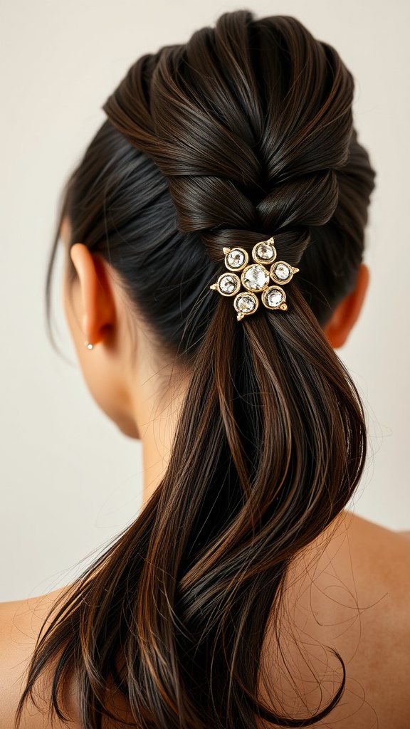 A sleek high ponytail hairstyle with a twist and a decorative hair accessory