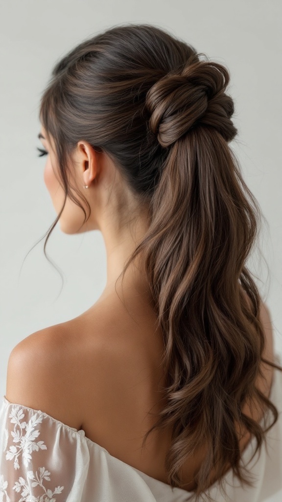 Sleek high ponytail hairstyle with a twist, showcasing smooth, healthy hair in an elegant style.