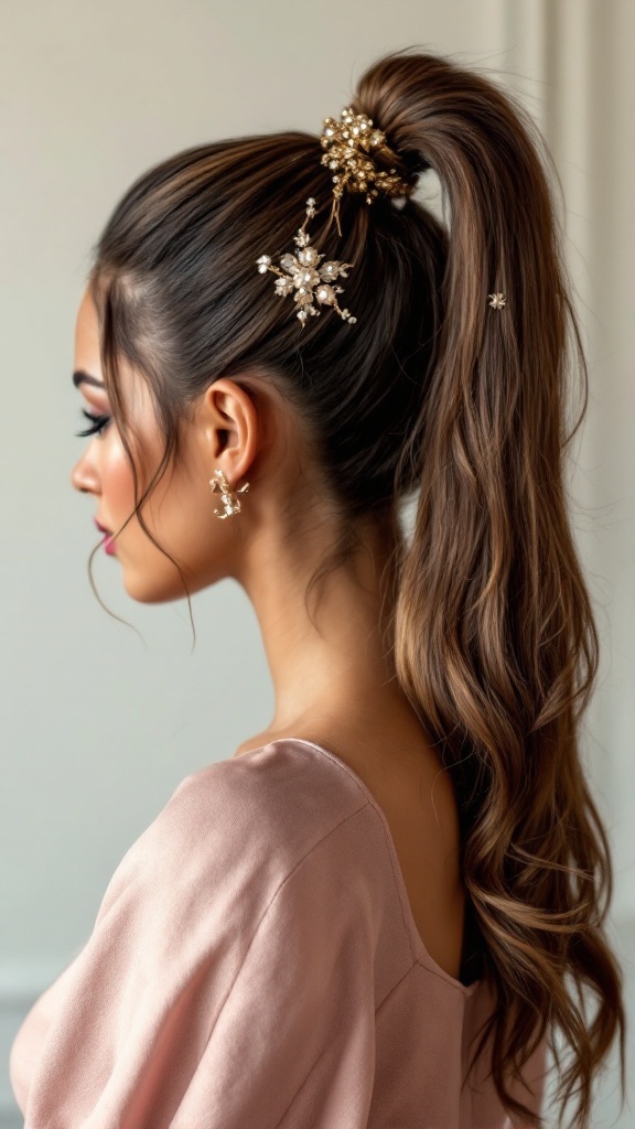 A woman with a sleek high ponytail decorated with pearl and floral hair accessories.