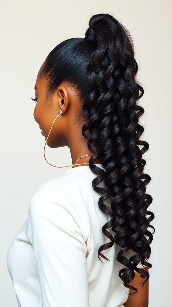 A woman with a sleek high ponytail featuring deep waves cascading down her back.