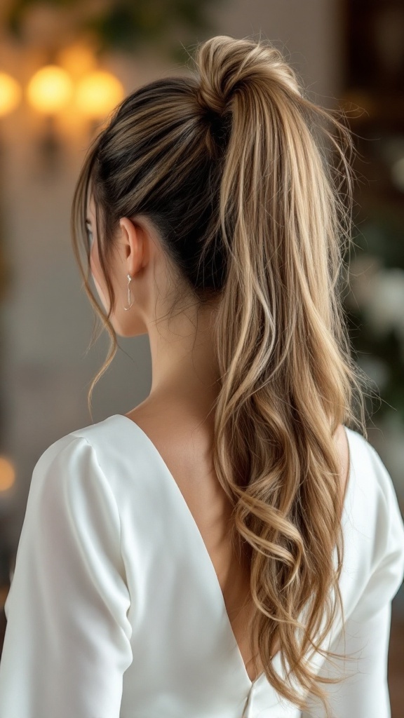 A woman with long hair styled in a sleek high ponytail, featuring a hair wrap, showcasing elegance for bridal hairstyles.