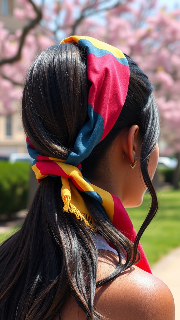 A sleek high ponytail with a colorful scarf tied around it, set against a backdrop of blooming cherry blossoms.