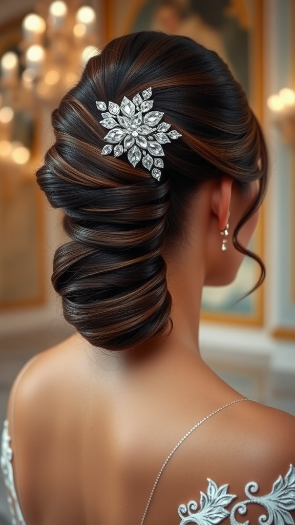 A woman with a sleek high ponytail adorned with a sparkling statement hairpiece, showcasing an elegant bridal look.