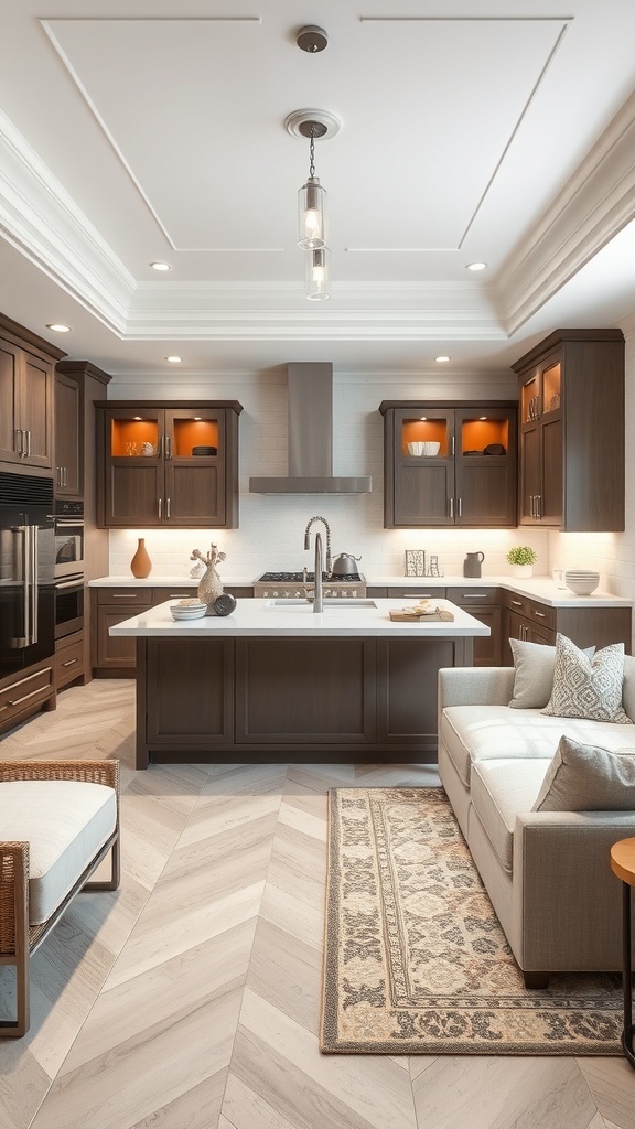 Modern kitchen with dark cabinetry, light countertops, and state-of-the-art appliances.