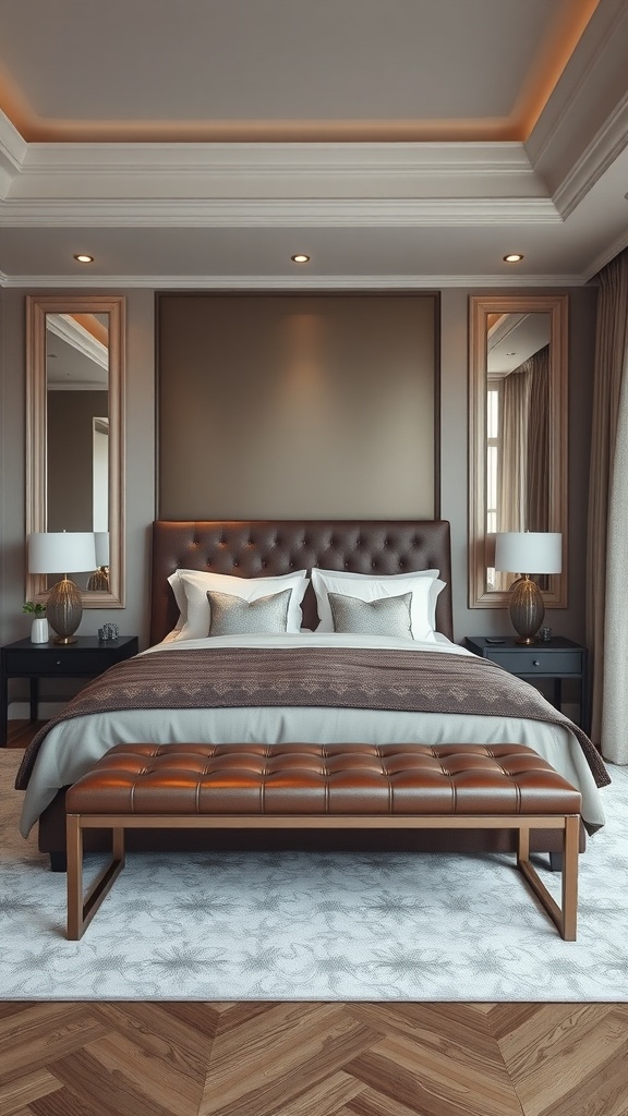 A sleek leather bench at the end of a bed in a stylish bedroom with a modern design.