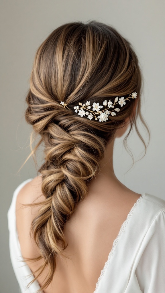 A woman with a sleek low braid adorned with floral hair accessories