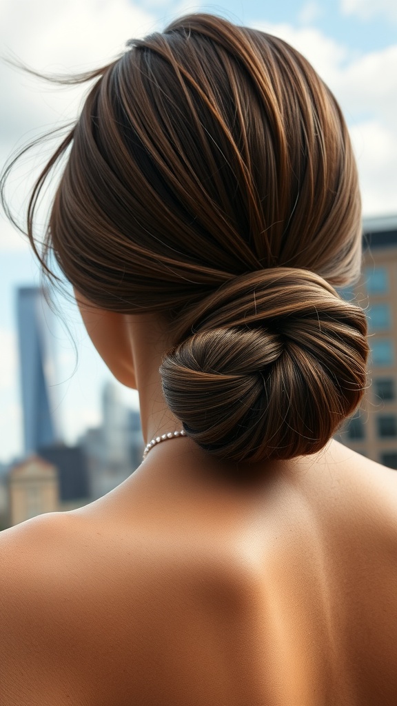 A close-up view of a sleek low bun hairstyle, showcasing shiny hair elegantly styled at the nape of the neck.