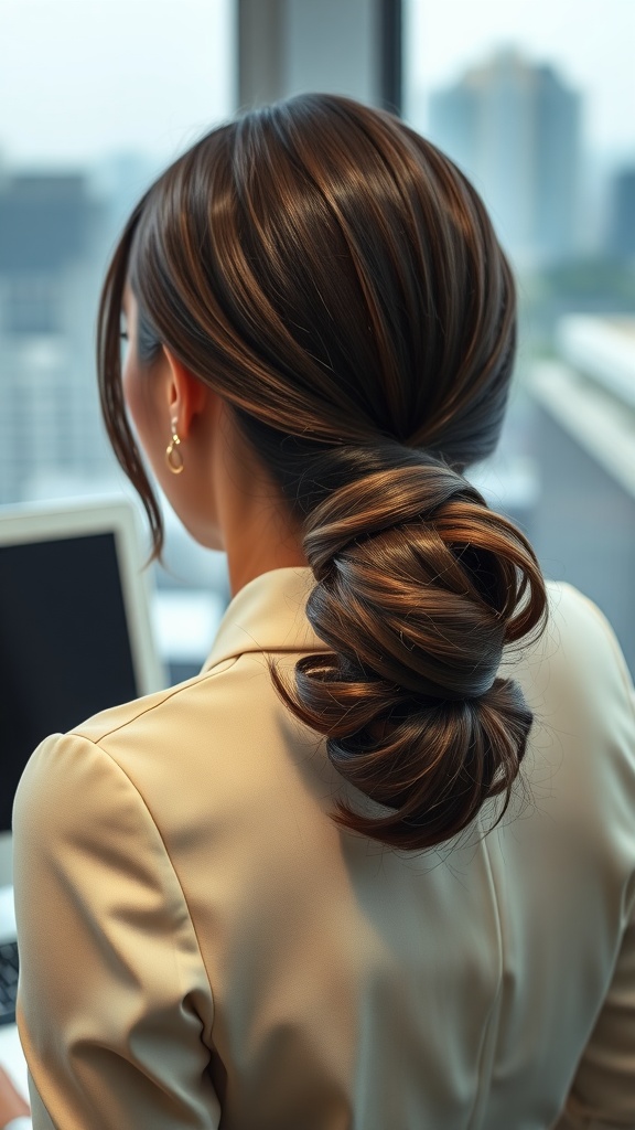 A woman with long hair styled in a sleek low bun, wearing a cream-colored blazer, viewed from behind.