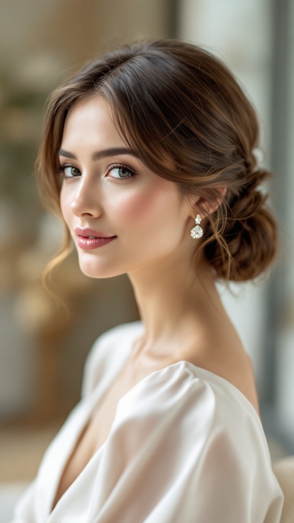 A woman with a sleek low bun hairstyle, wearing elegant earrings, highlighting her features.