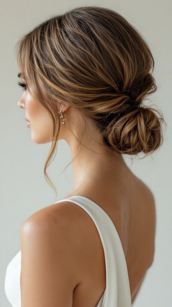 A woman wearing a one-shoulder dress with a sleek low bun hairstyle, showcasing an elegant look.