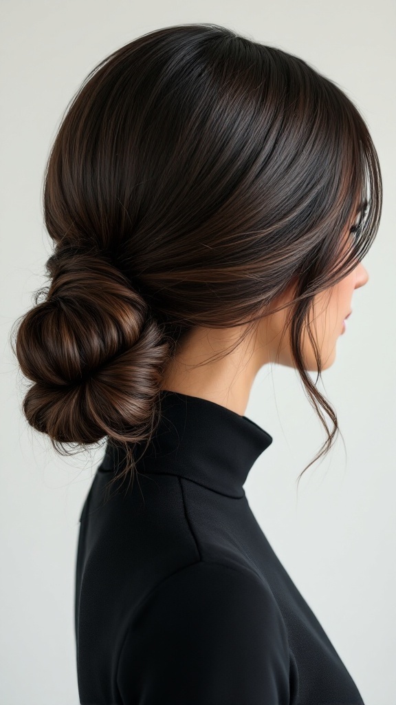 A side view of a sleek low bun hairstyle, perfectly styled with a high neck dress.