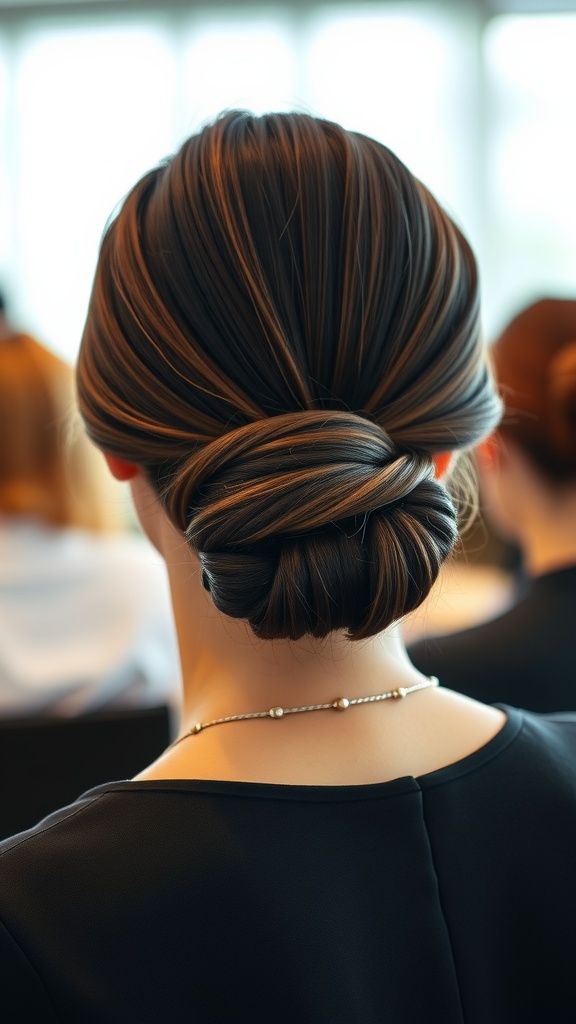 A woman with a sleek low bun hairstyle, showing a professional look, with a subtle necklace.