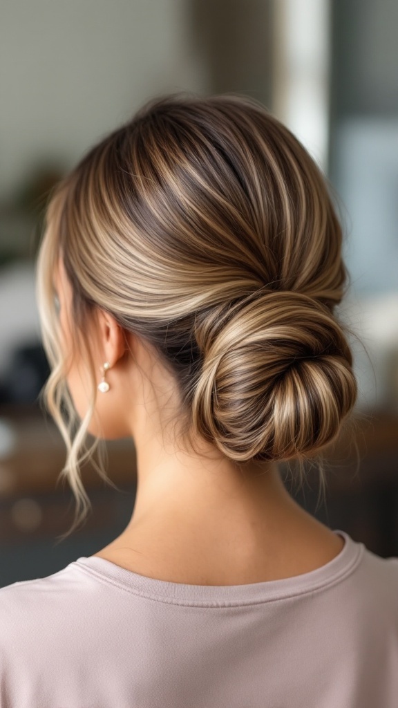 A sleek low bun hairstyle with blonde highlights styled elegantly.