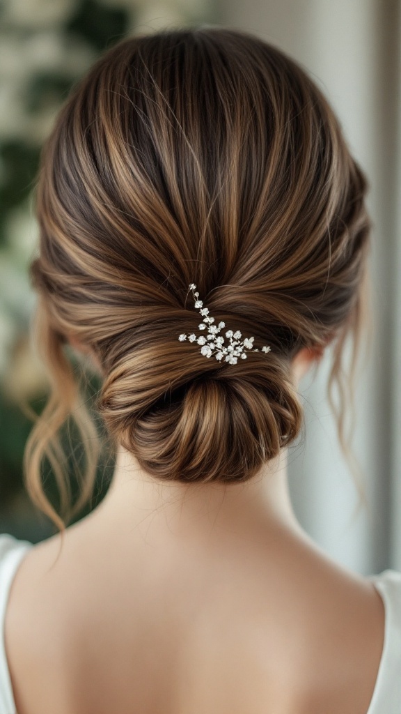 A close-up of a sleek low bun hairstyle with a twist, featuring a delicate hair accessory.