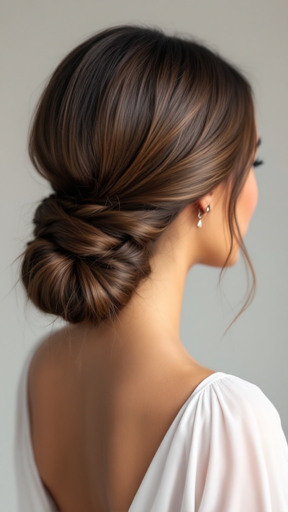 A woman with a sleek low bun hairstyle adorned with an accent twist.