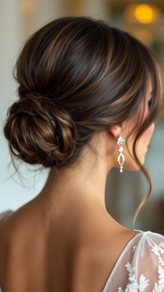 A close-up view of a sleek low bun hairstyle with blunt bangs, showcasing elegant earrings.