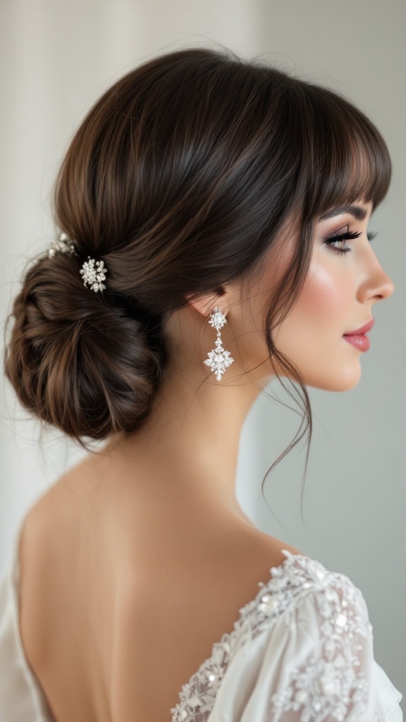 A bride with a sleek low bun and blunt bangs, adorned with elegant earrings, showcasing a timeless wedding hairstyle.