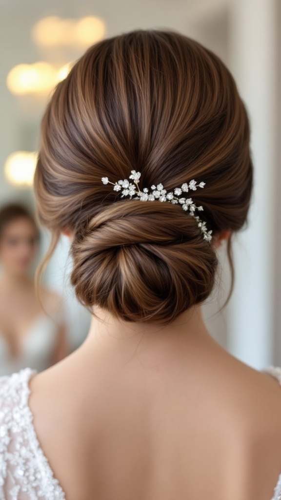 A bride with a sleek low bun hairstyle adorned with crystal hairpins.