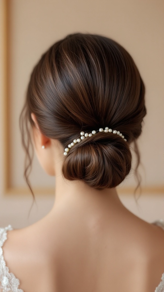 A sleek low bun hairstyle adorned with delicate pearl accessories, showcasing elegance.