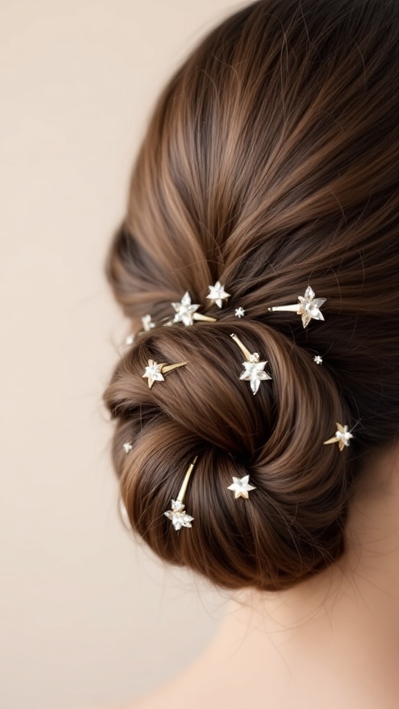 A sleek low bun adorned with star-shaped hairpins, showcasing a polished and elegant hairstyle.