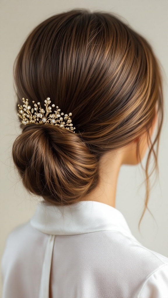 Sleek low bun hairstyle with a gold crown