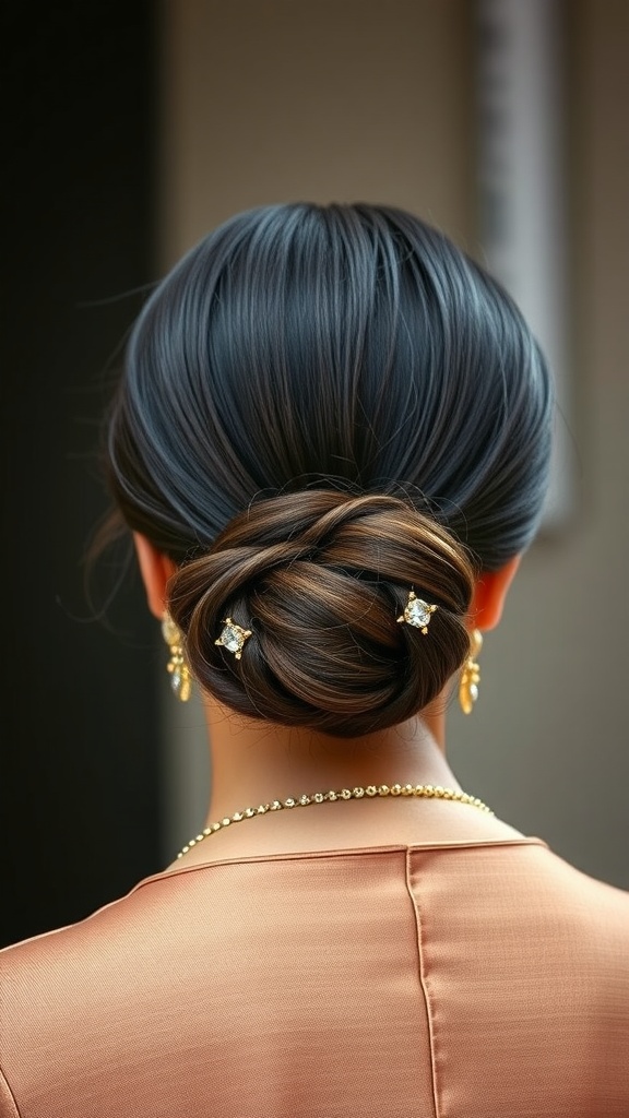 A sleek low bun hairstyle adorned with hair accessories, viewed from the back.