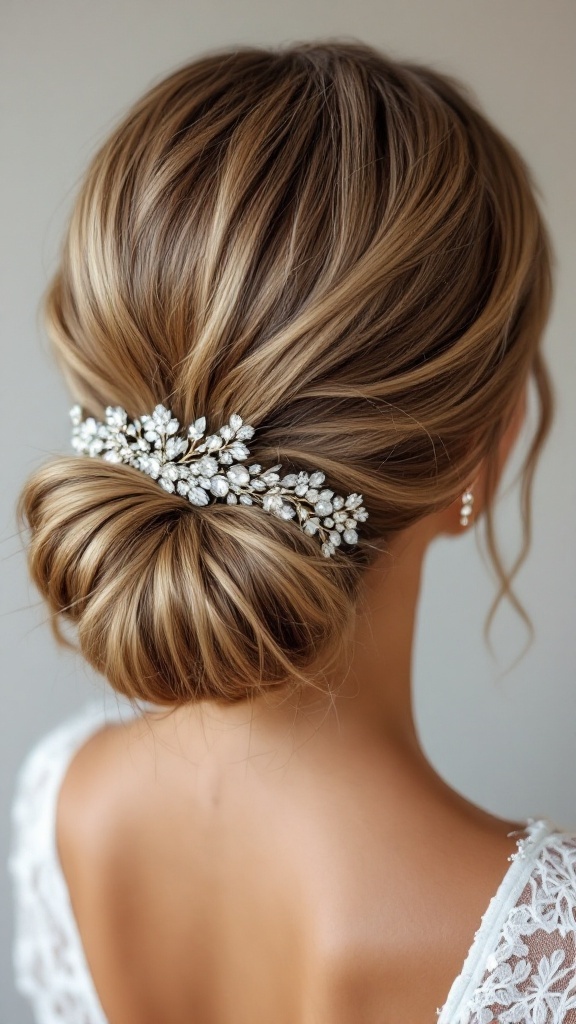 A close-up of a sleek low bun hairstyle adorned with a delicate hair accessory featuring pearls and floral designs.