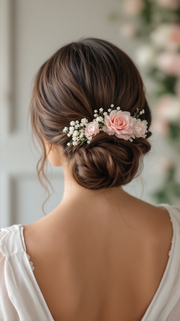 Sleek low bun hairstyle with pink and white flowers