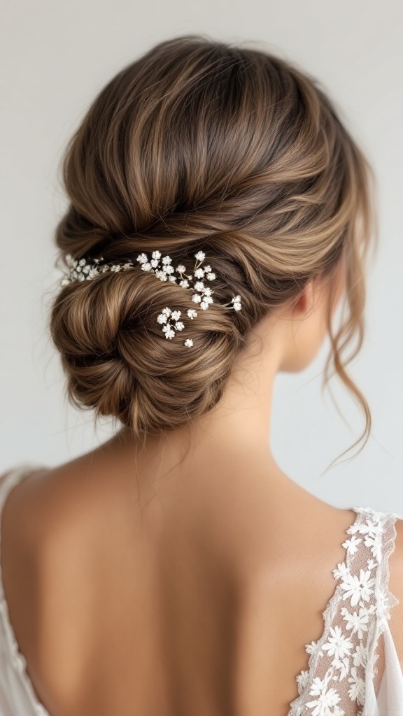 Elegant sleek low bun hairstyle with decorative hairpins
