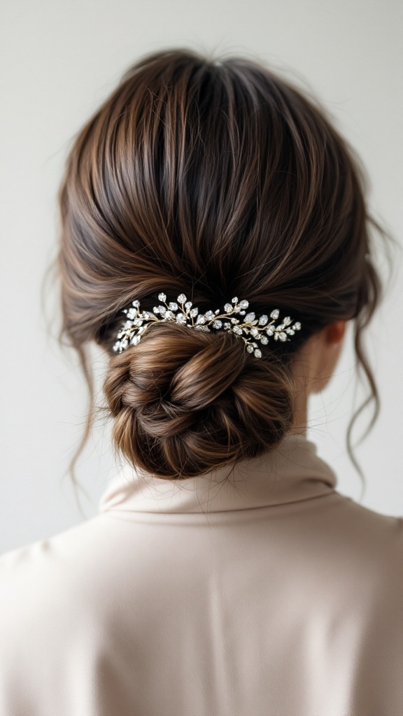 A sleek low bun hairstyle adorned with a decorative headband, showcasing elegance and simplicity.