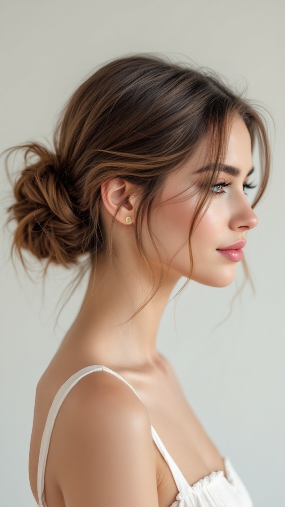 A woman with medium-length hair styled in a sleek low bun with a side part, showcasing a refined and elegant look.