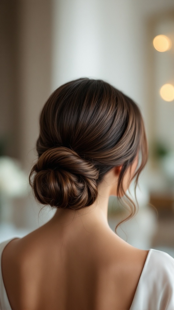 A woman with a sleek low bun and side-swept bangs, showcasing an elegant hairstyle suitable for bridesmaids.
