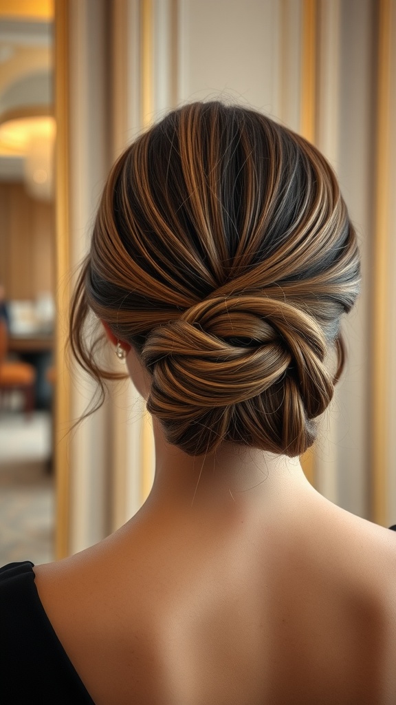 A close-up of a sleek low bun hairstyle with soft strands framing the face.