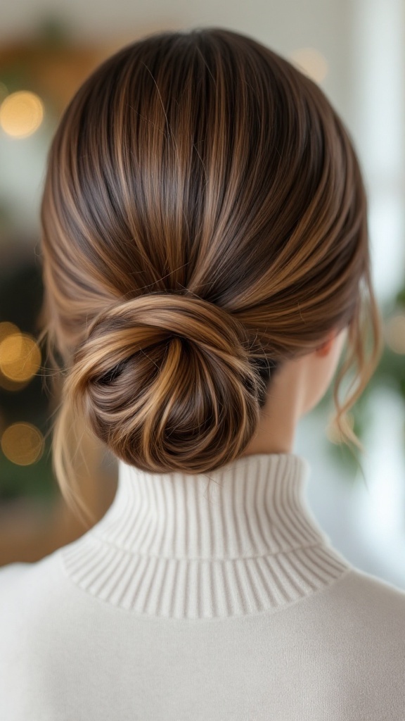 A woman with a sleek low bun wearing a turtle neck sweater, showcasing a neat hairstyle with soft shine.
