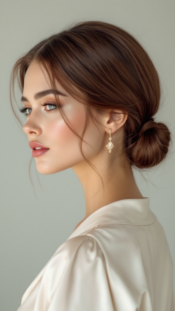 A profile view of a woman with a sleek low chignon hairstyle, wearing elegant earrings.