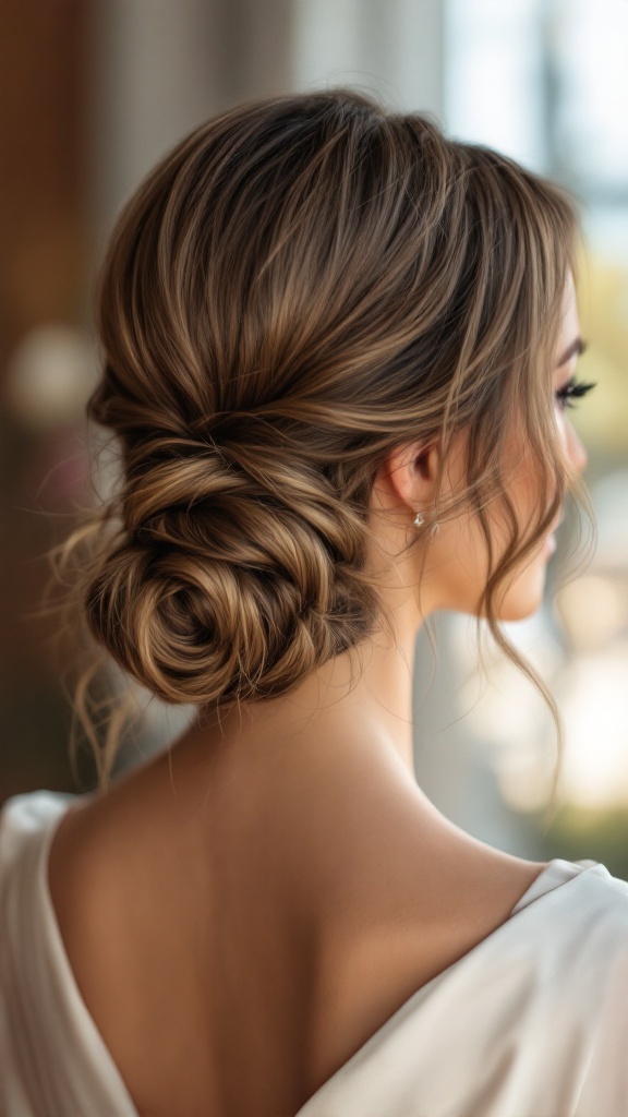 A close-up of a sleek low chignon hairstyle with loose tendrils at the sides.