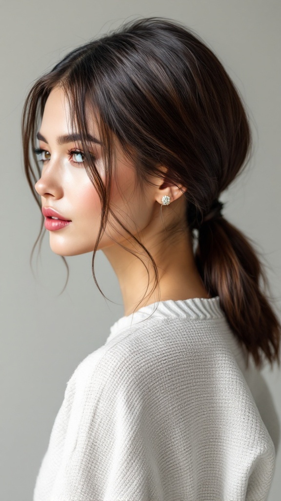 A model showcasing a sleek low ponytail hairstyle, with smooth hair and a clean look.