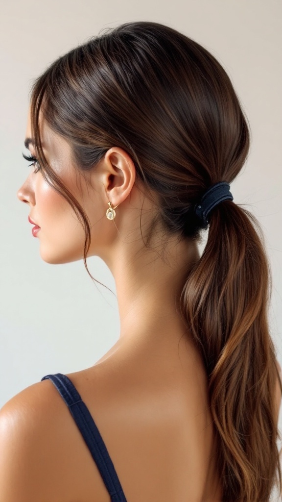 A woman with a sleek low ponytail, looking elegant and stylish, showcasing a polished hairstyle.