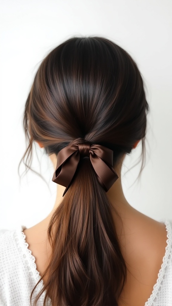 Sleek low ponytail hairstyle with a ribbon.