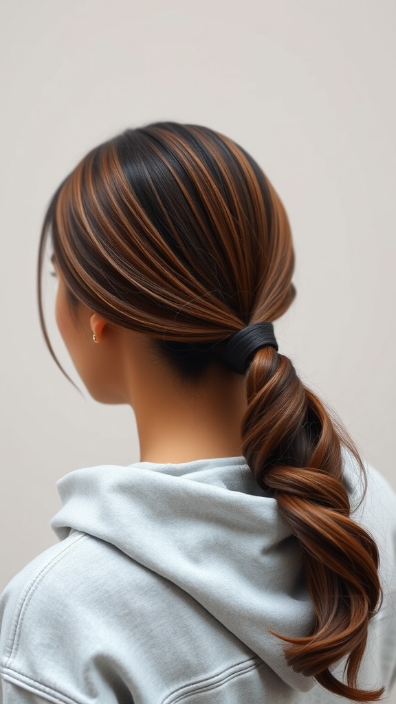 A woman with a sleek low ponytail wearing a gray hoodie, showcasing a casual yet stylish hairstyle.