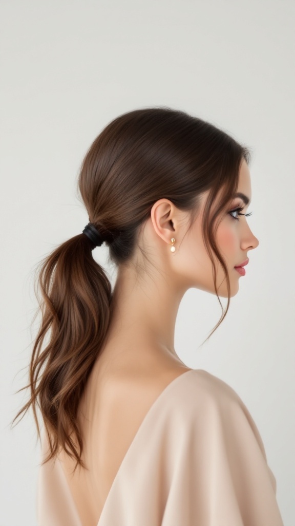 A model showcasing a sleek low ponytail hairstyle, featuring smooth dark hair tied back with a simple hair tie.