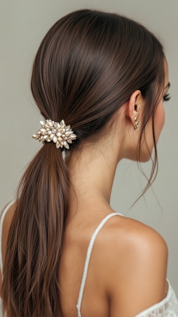 A sleek low ponytail hairstyle with a decorative hair accessory.