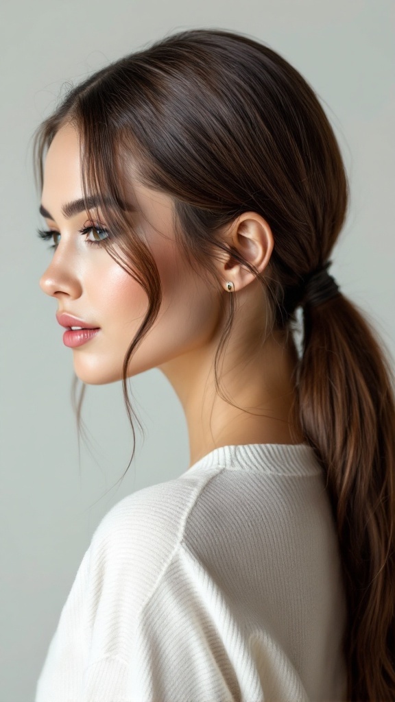 A woman with medium-length hair styled in a sleek low ponytail, with some strands framing her face.