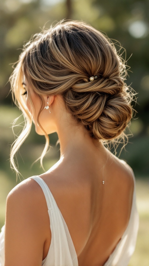 A bride's maid hairstyle featuring a sleek low ponytail styled with subtle waves and delicate hairpins.